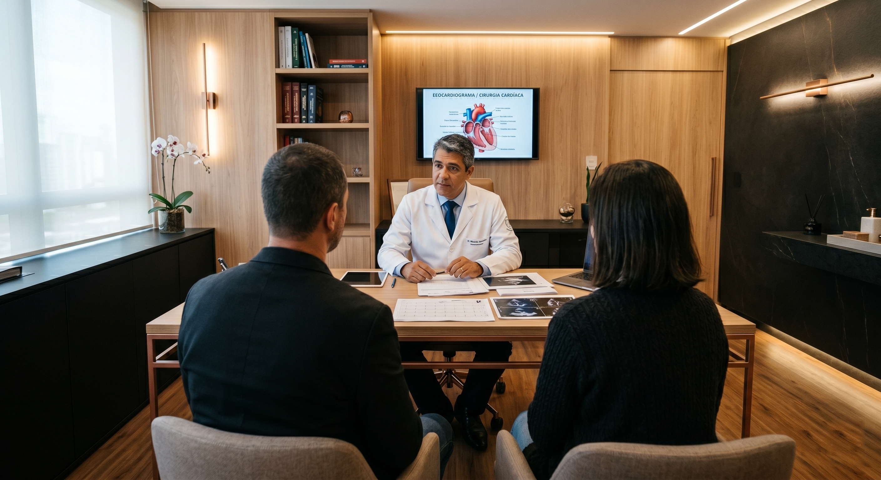 Cirurgião cardiovascular em consulta com paciente e acompanhante, explicando exames cardíacos em ambiente moderno