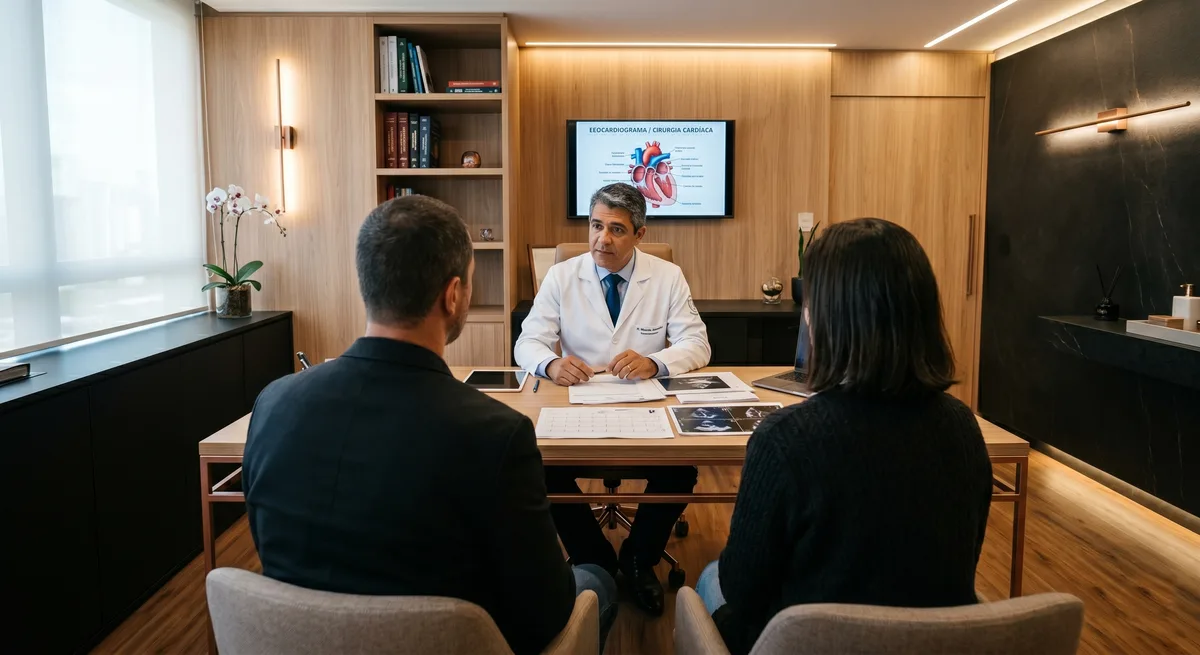 Cirurgião cardiovascular em consulta com paciente e acompanhante, explicando exames cardíacos em ambiente moderno