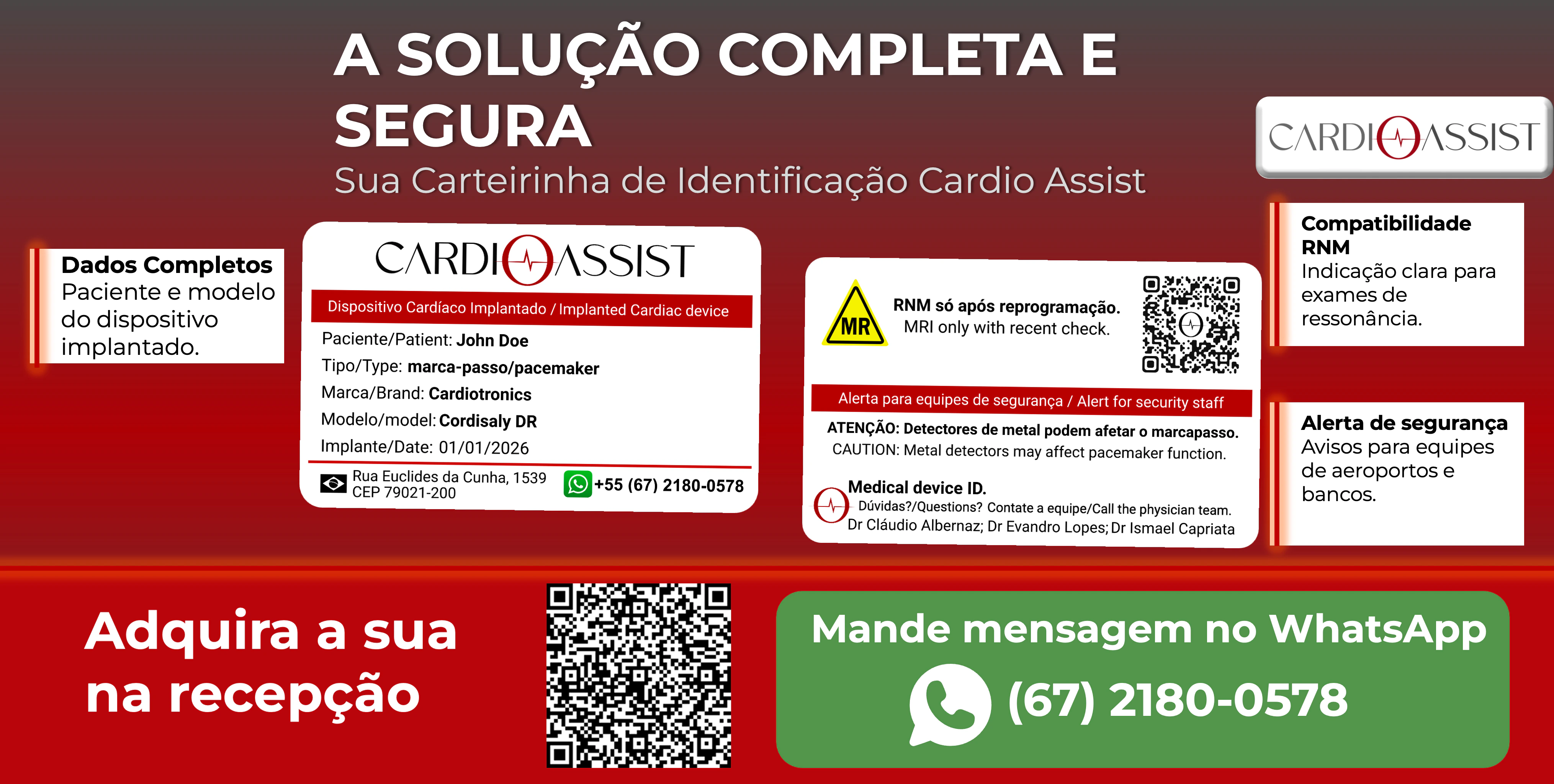 Cartão de identificação de dispositivo cardíaco implantável, com dados do paciente em português e inglês